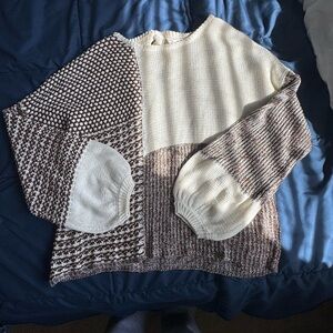 Blu Pepper Two-Tone Cream and Brown Patchwork Knit Sweater